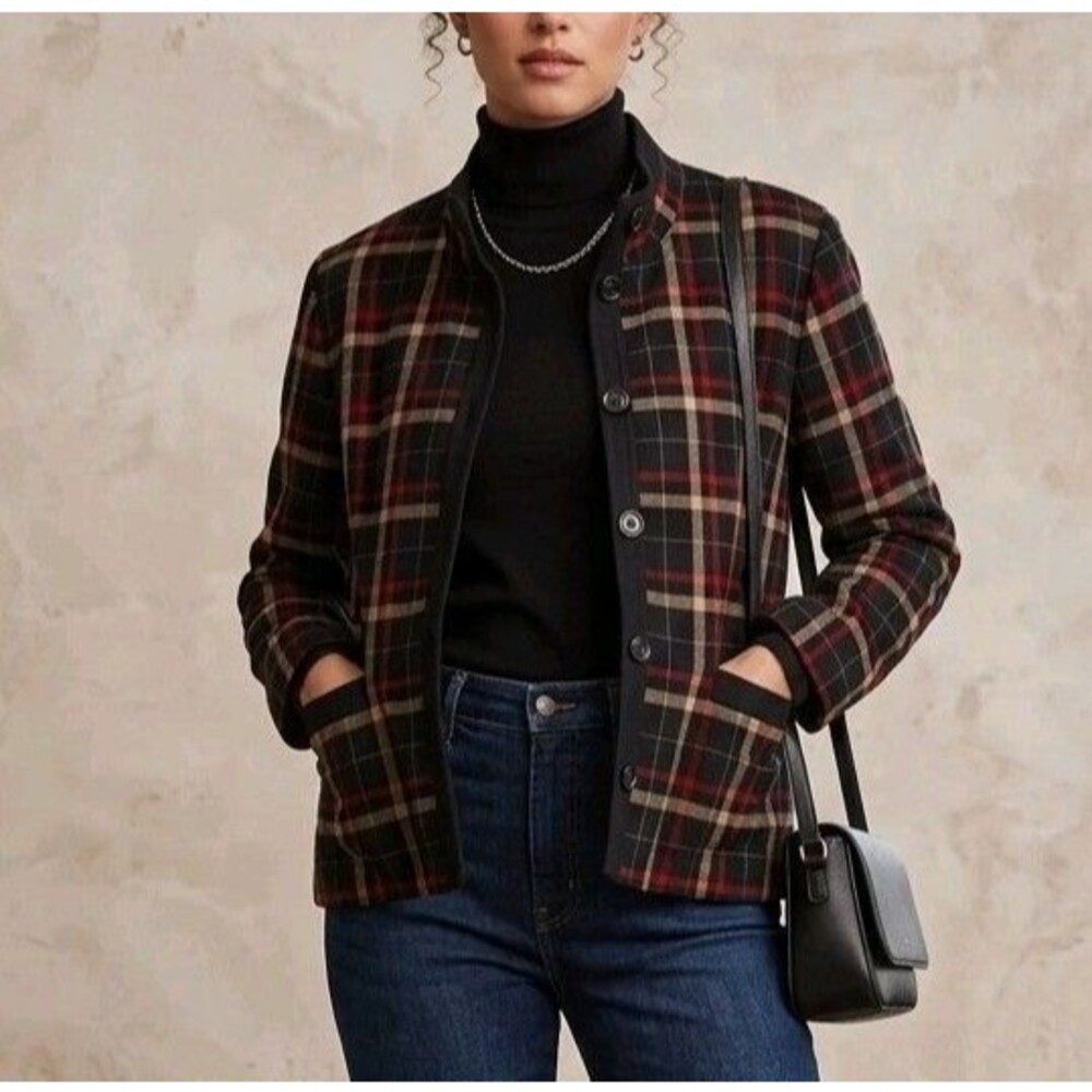 PENDLETON Women's 18 Black Red Tan Plaid 100% Virgin Wool Lined Button Jacket - Picture 1 of 12